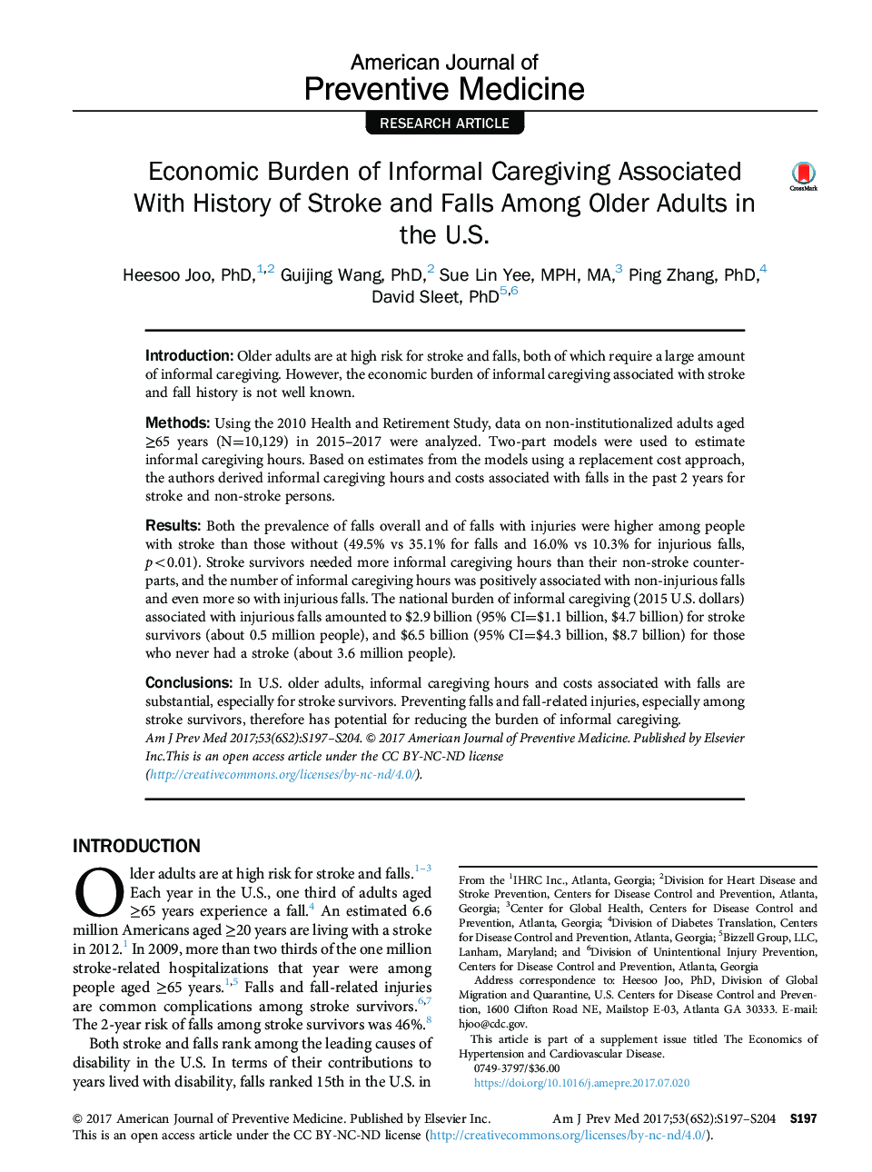 Economic Burden of Informal Caregiving Associated With History of Stroke and Falls Among Older Adults in the U.S.