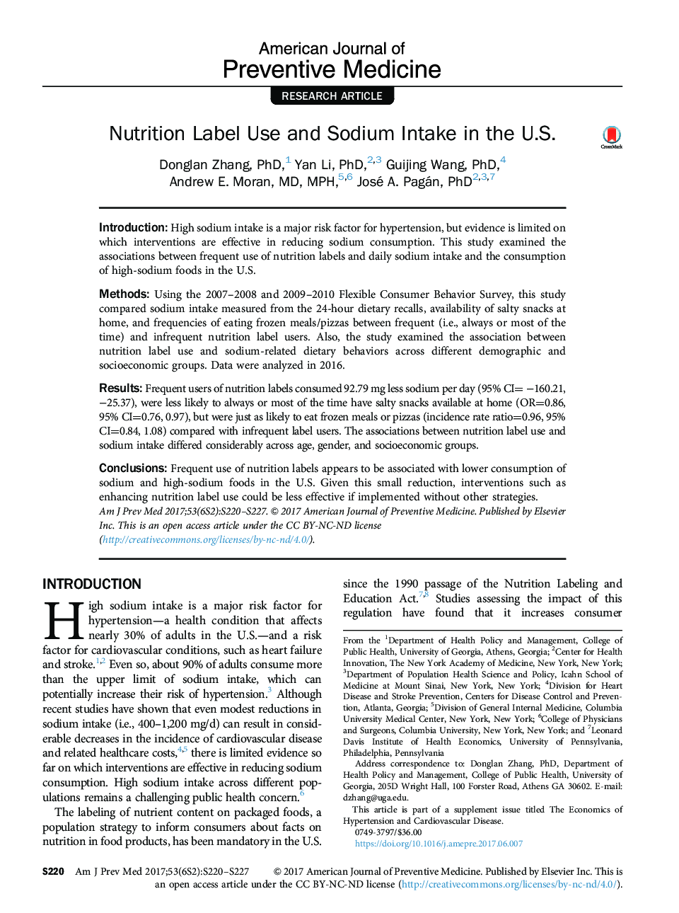 Nutrition Label Use and Sodium Intake in the U.S.