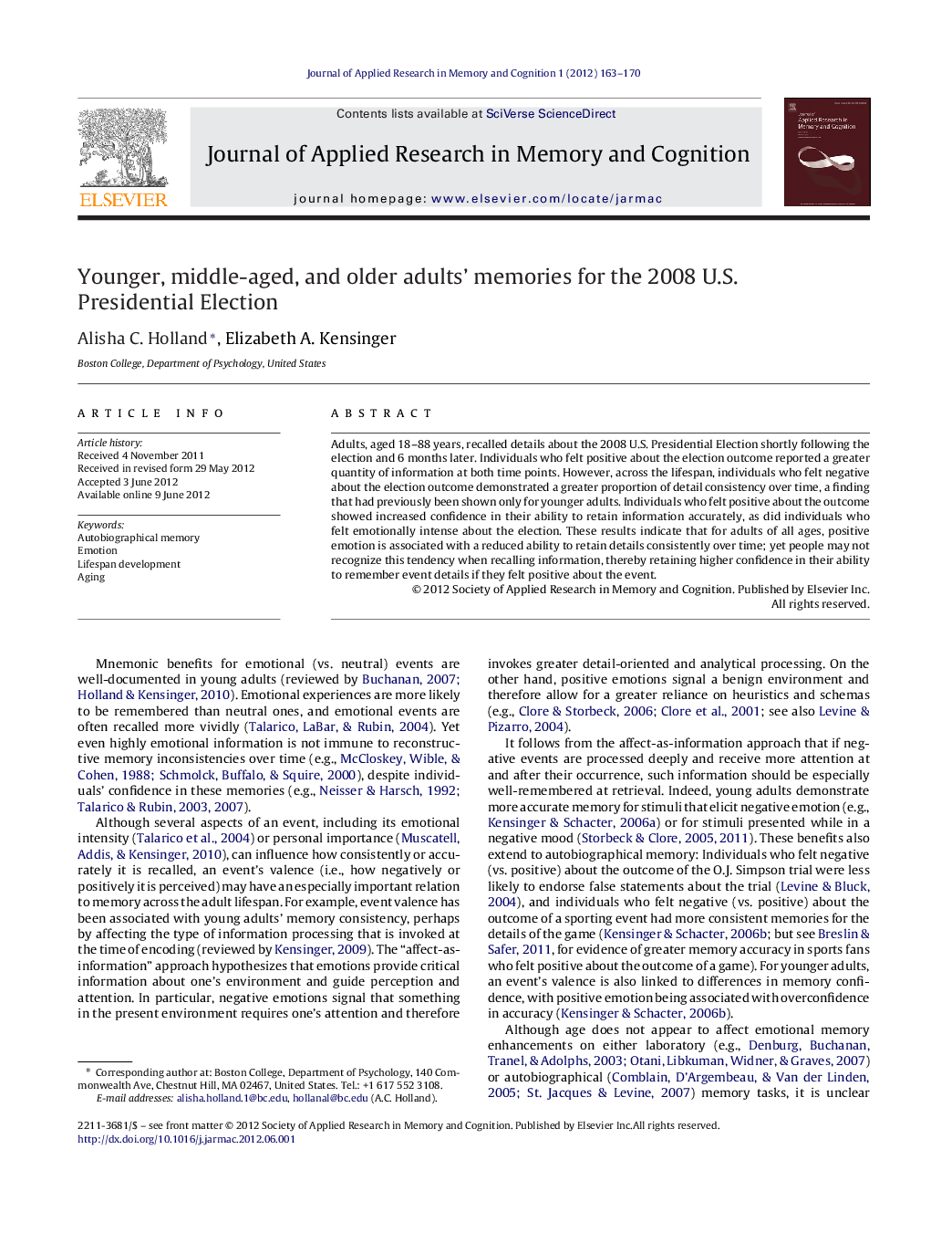 Younger, middle-aged, and older adults’ memories for the 2008 U.S. Presidential Election