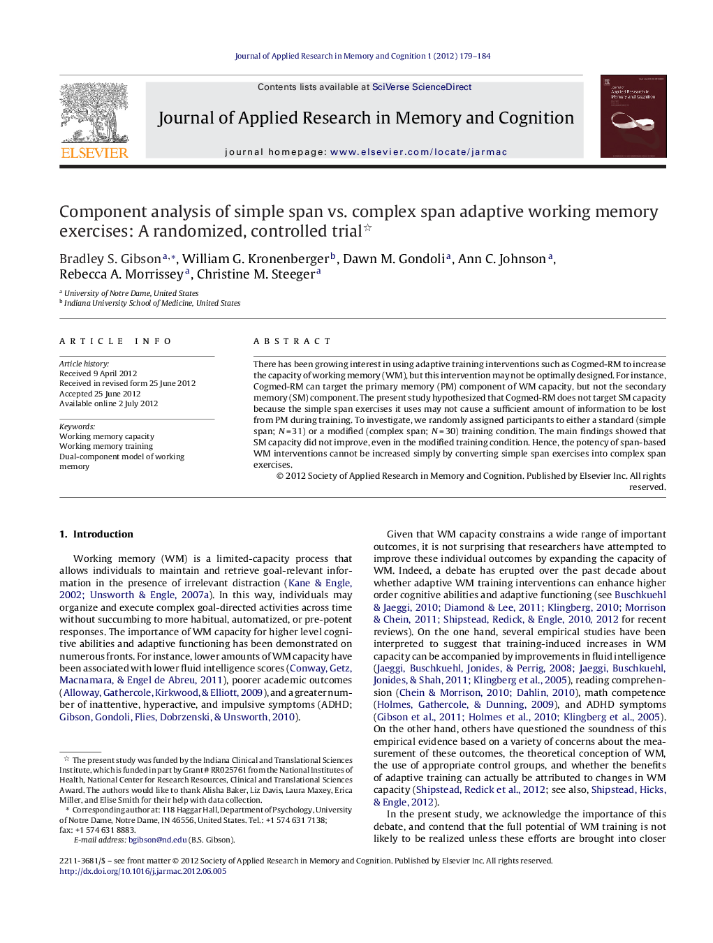 Component analysis of simple span vs. complex span adaptive working memory exercises: A randomized, controlled trial 