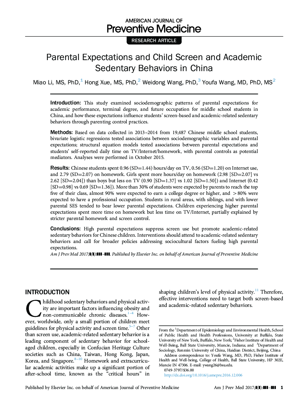 Parental Expectations and Child Screen and Academic Sedentary Behaviors in China