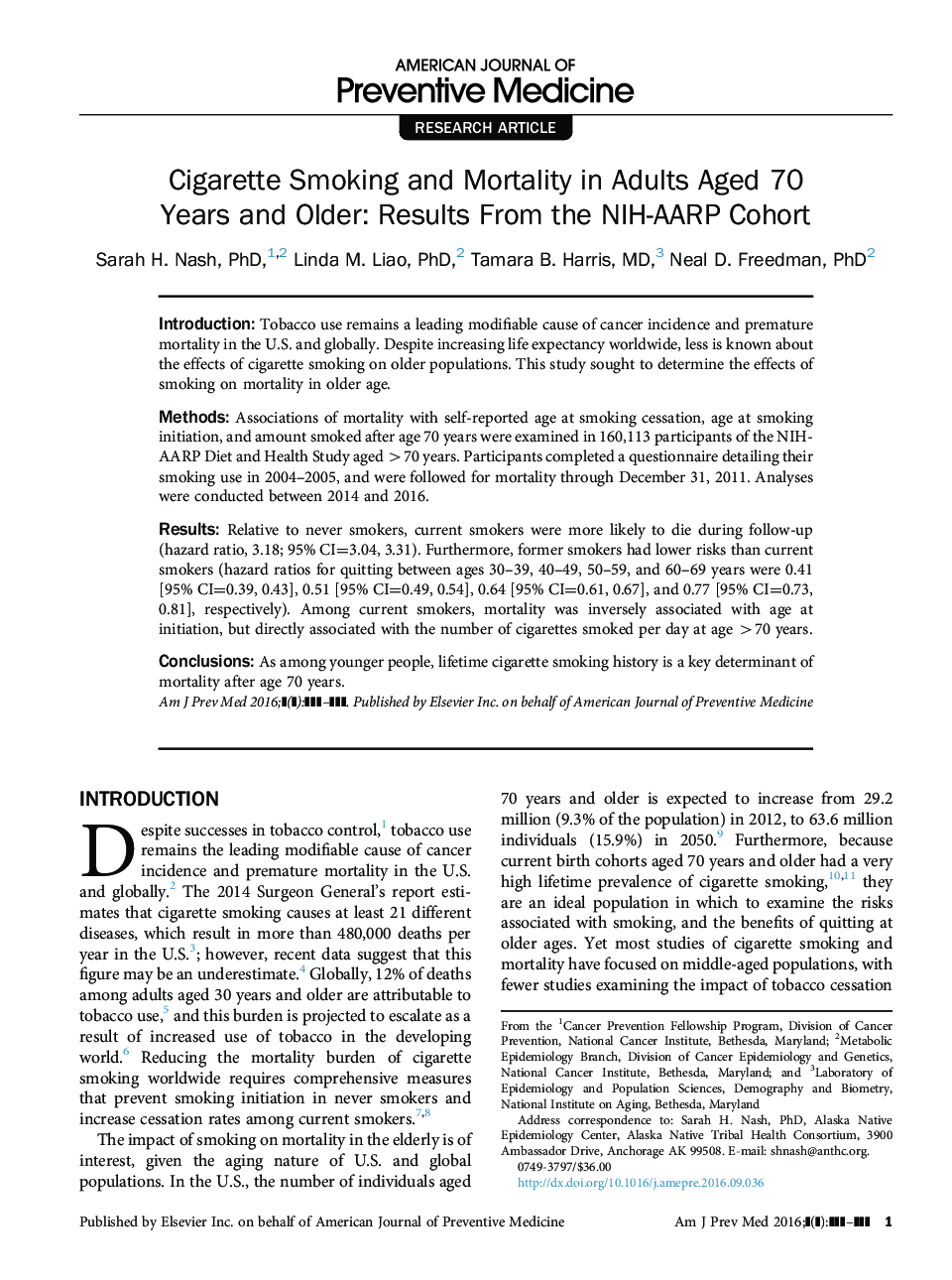 Cigarette Smoking and Mortality in Adults Aged 70 Years and Older: Results From the NIH-AARP Cohort