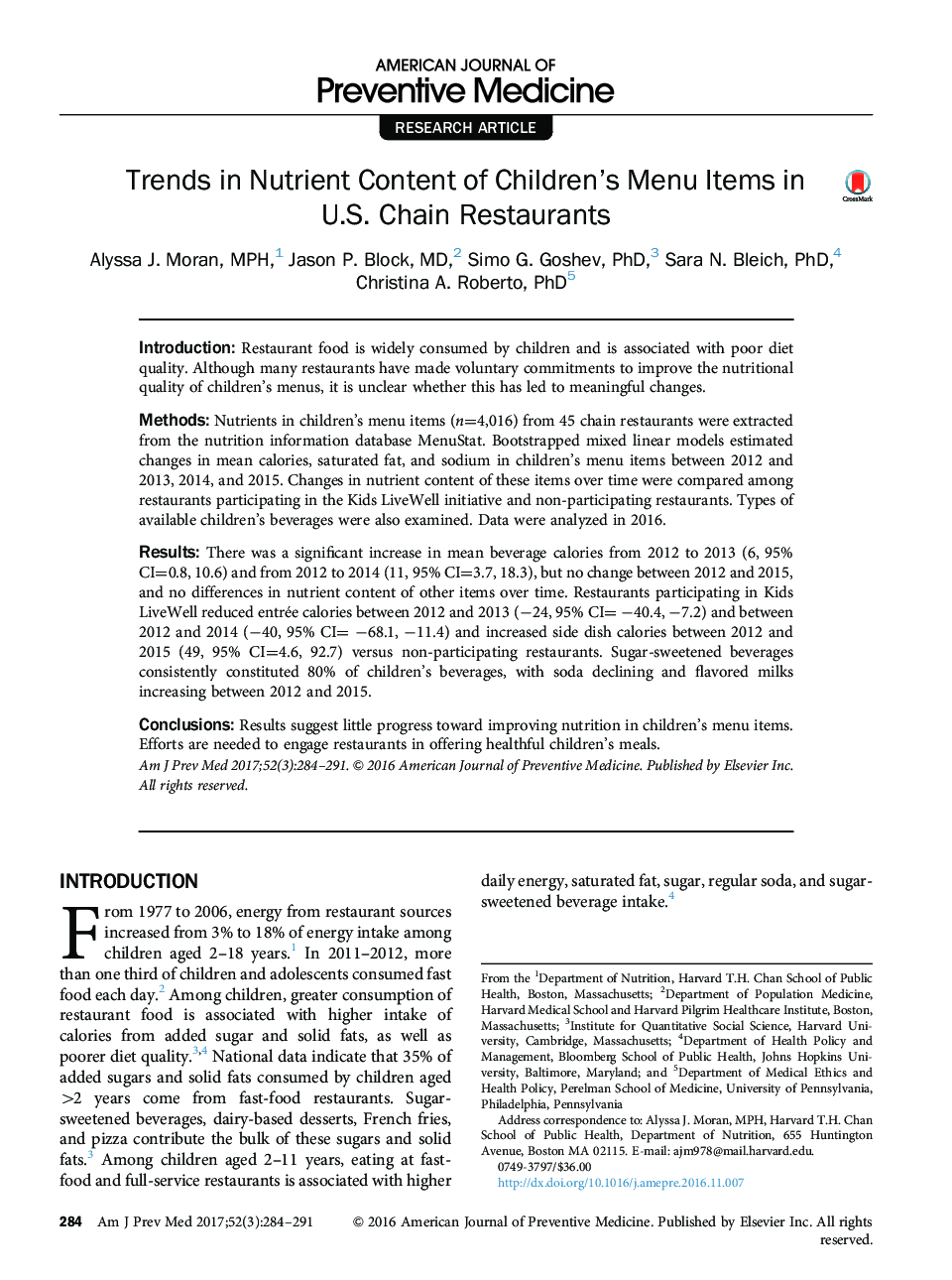 Trends in Nutrient Content of Children's Menu Items in U.S. Chain Restaurants