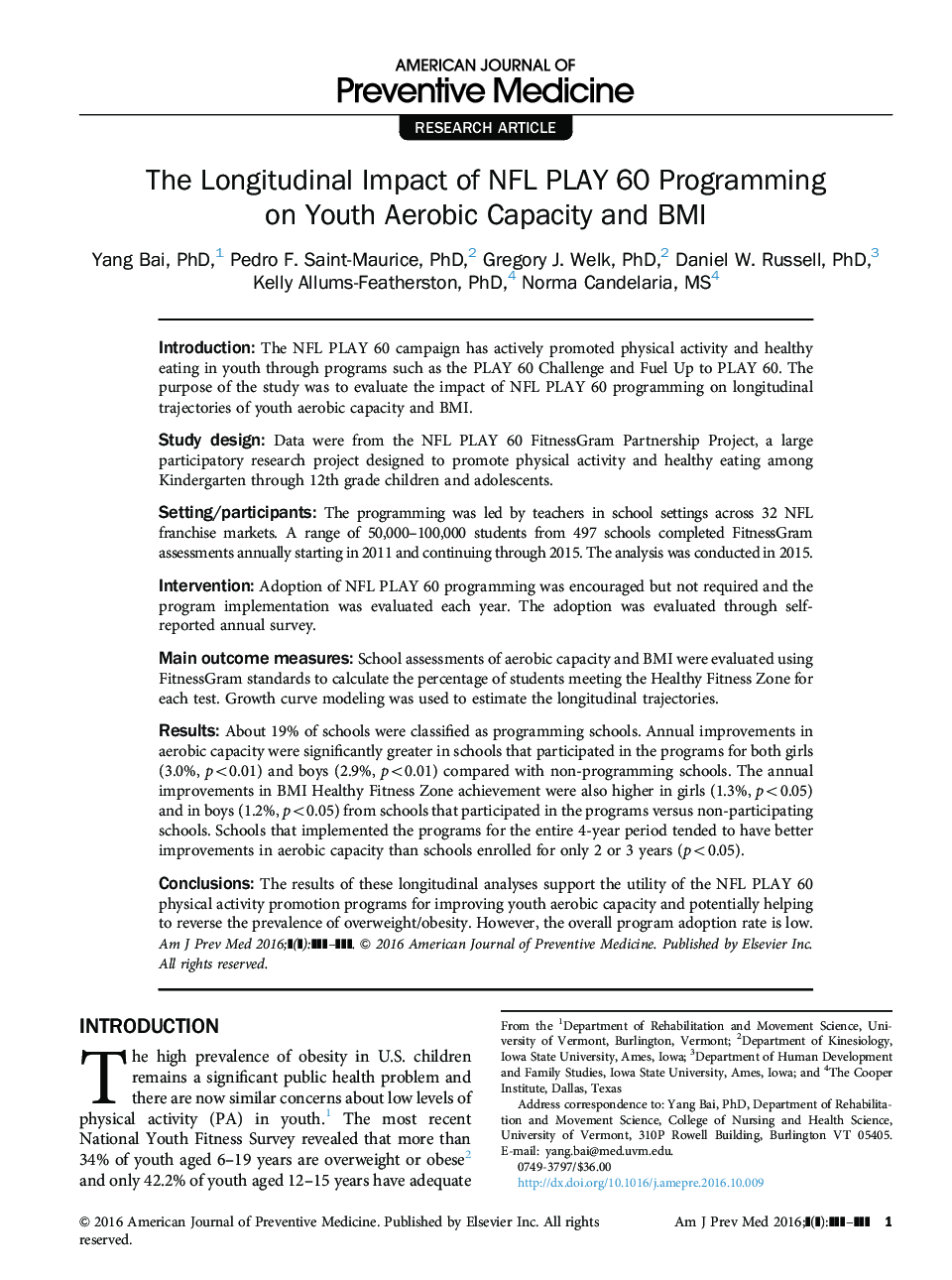 The Longitudinal Impact of NFL PLAY 60 Programming on Youth Aerobic Capacity and BMI