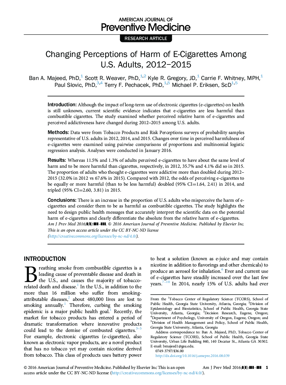 Changing Perceptions of Harm of E-Cigarettes Among U.S. Adults, 2012-2015