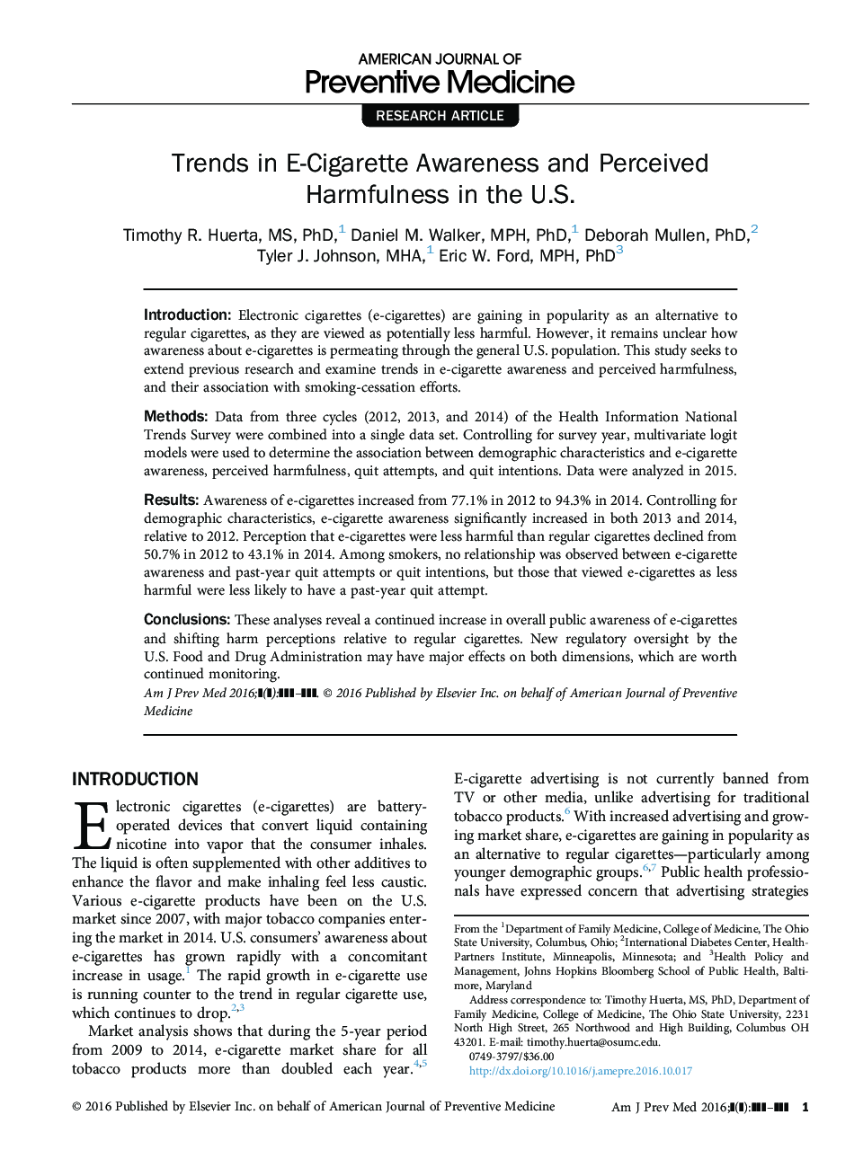 Trends in E-Cigarette Awareness and Perceived Harmfulness in the U.S.