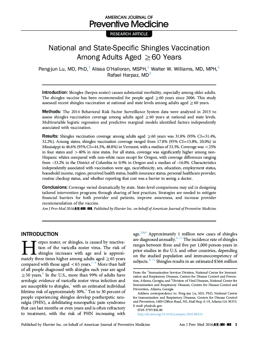 National and State-Specific Shingles Vaccination Among Adults Aged â¥60 Years