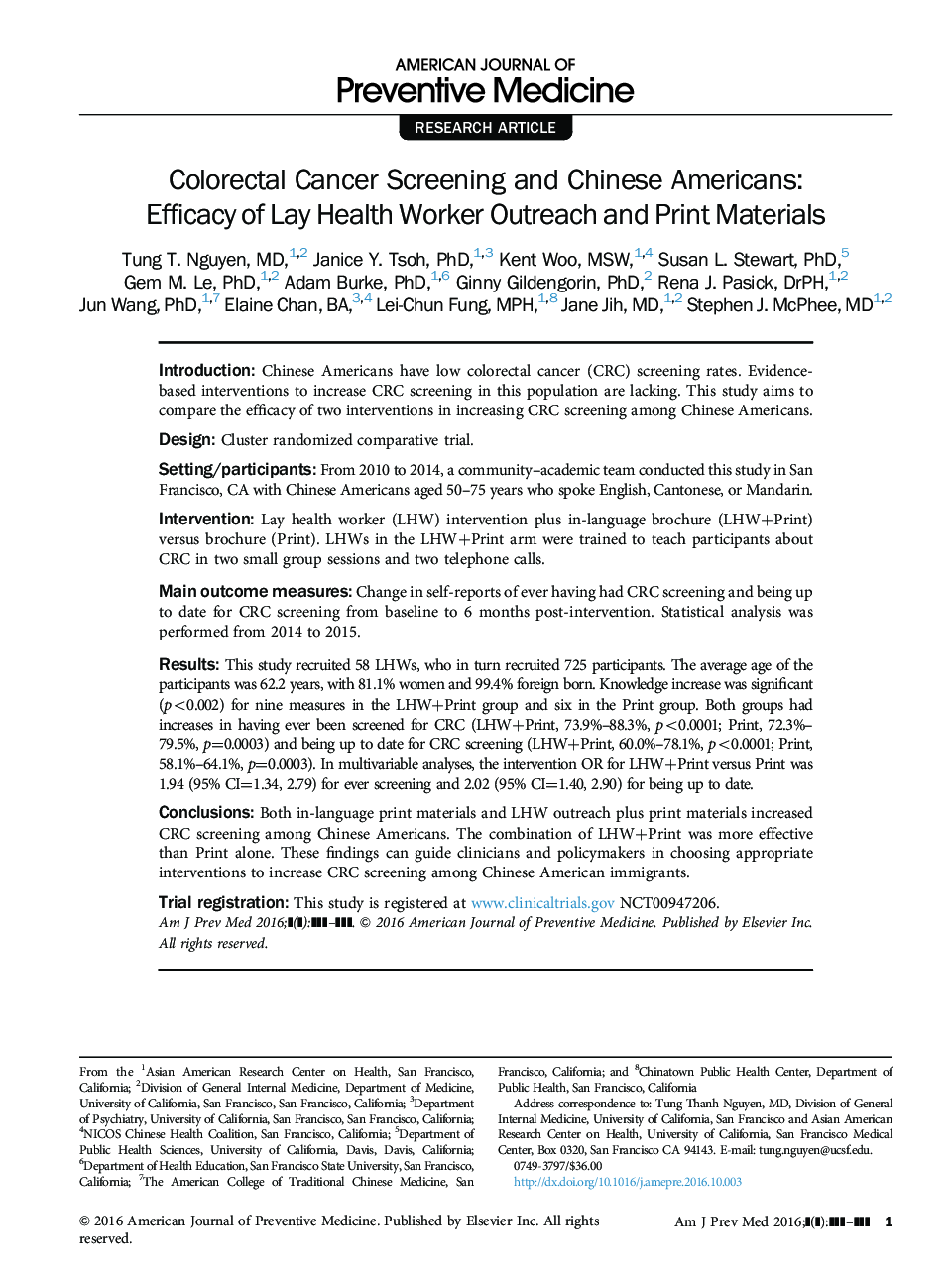 Colorectal Cancer Screening and Chinese Americans: Efficacy of Lay Health Worker Outreach and Print Materials
