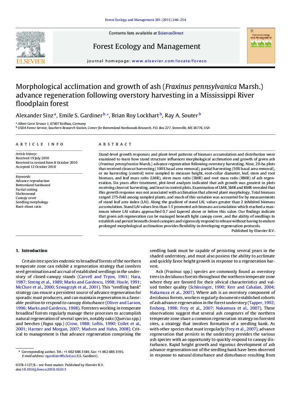 Morphological acclimation and growth of ash (Fraxinus pennsylvanica Marsh.) advance regeneration following overstory harvesting in a Mississippi River floodplain forest