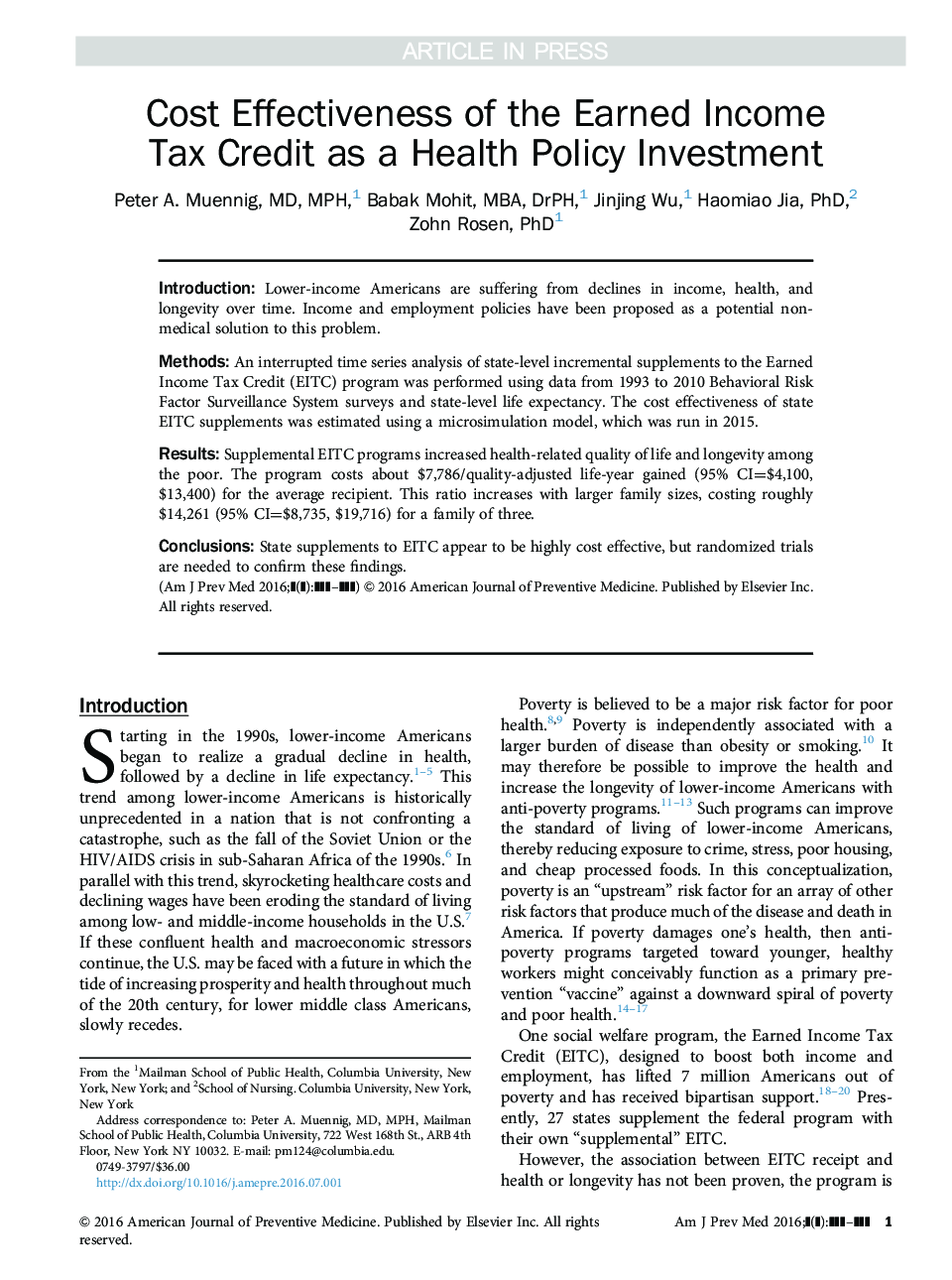 Cost Effectiveness of the Earned Income Tax Credit as a Health Policy Investment