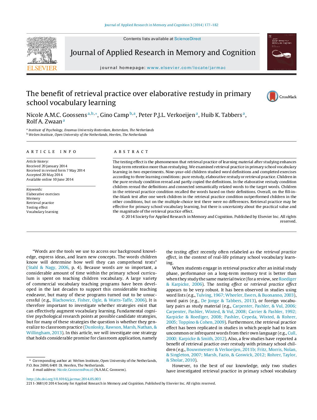 The benefit of retrieval practice over elaborative restudy in primary school vocabulary learning