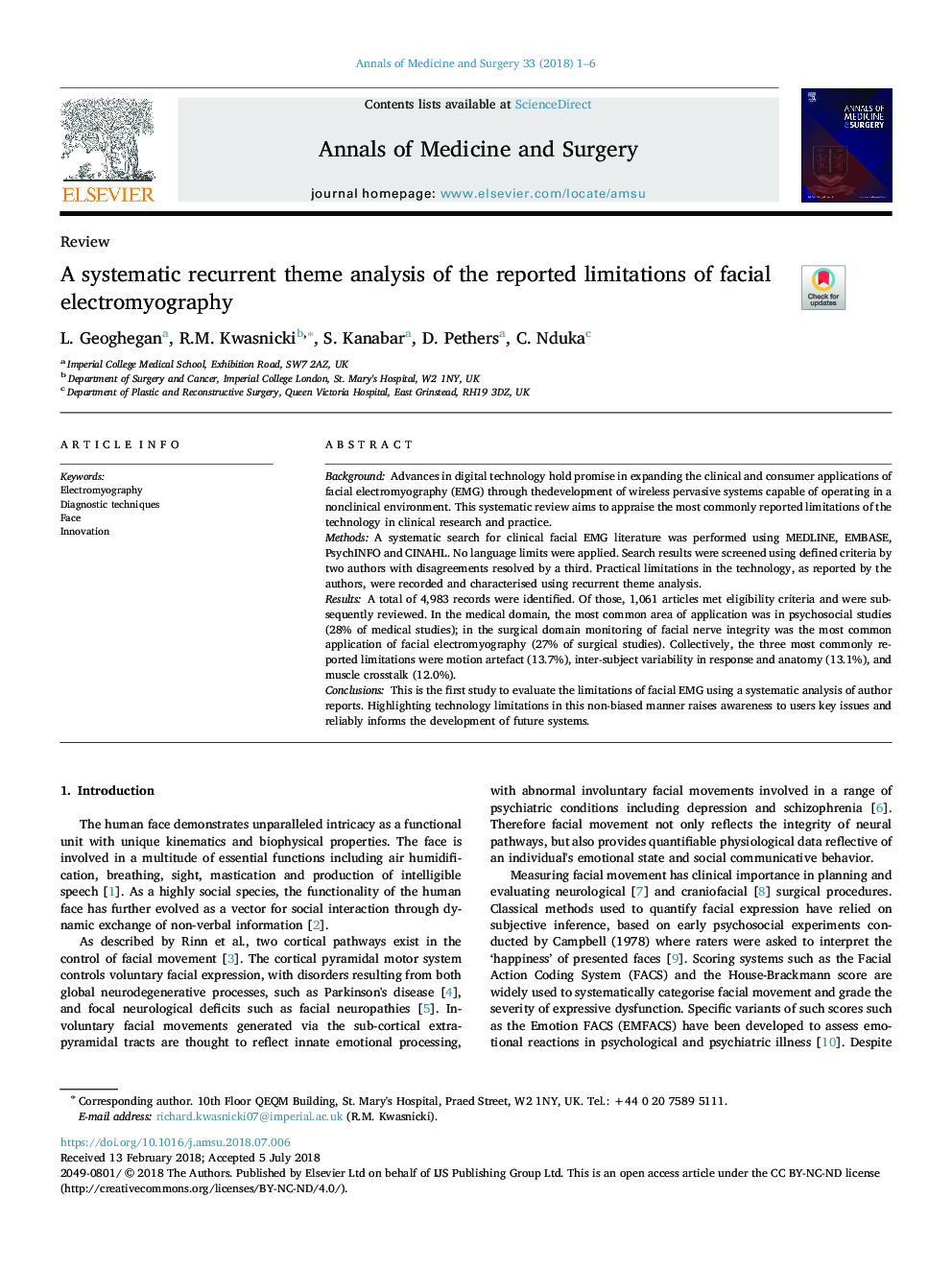 A systematic recurrent theme analysis of the reported limitations of facial electromyography