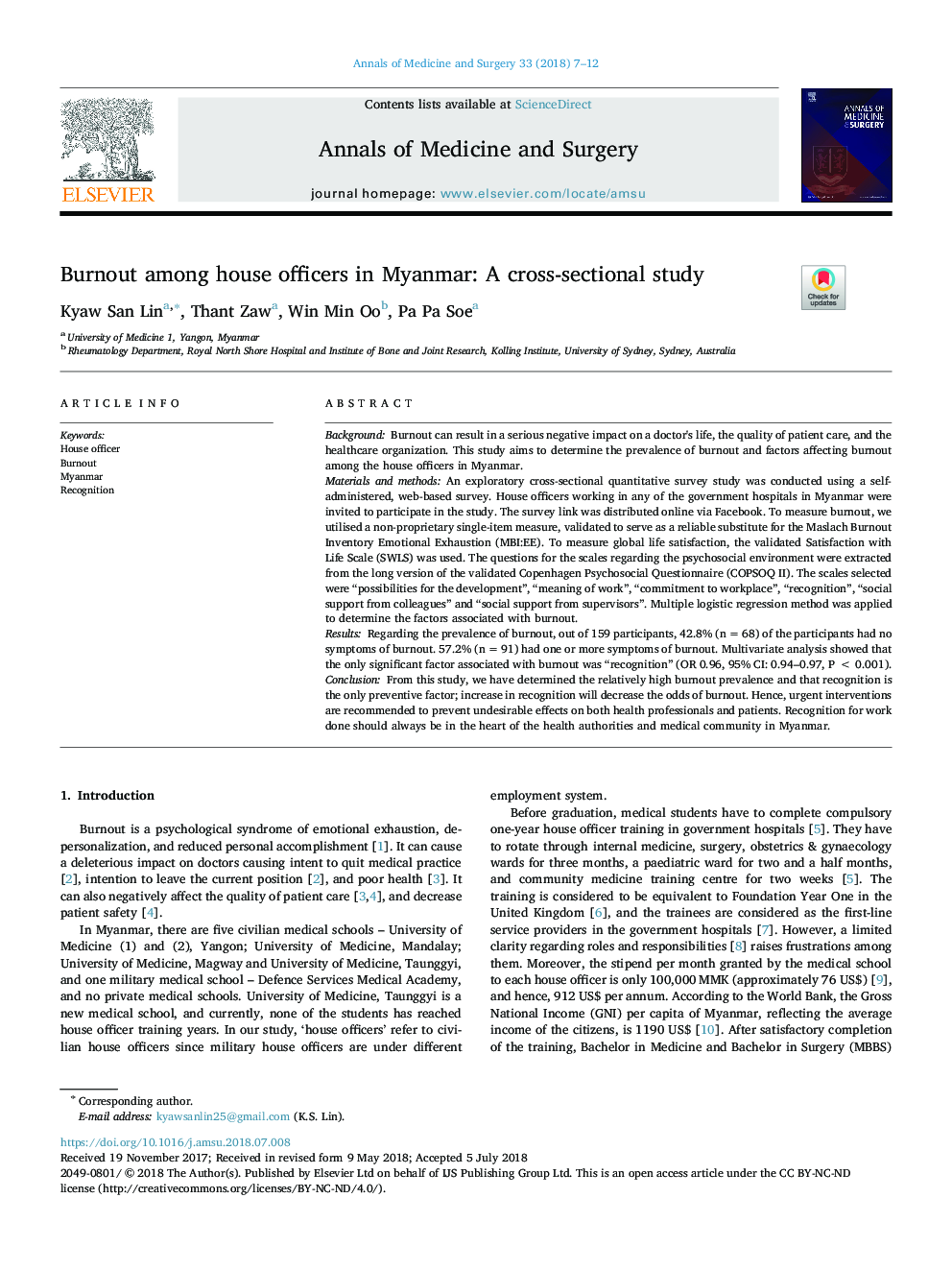 Burnout among house officers in Myanmar: A cross-sectional study