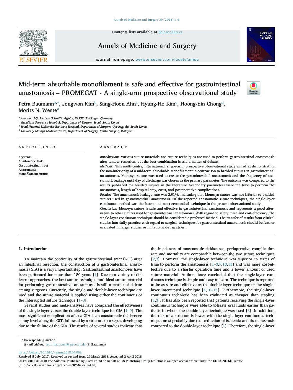 Mid-term absorbable monofilament is safe and effective for gastrointestinal anastomosis - PROMEGAT - A single-arm prospective observational study