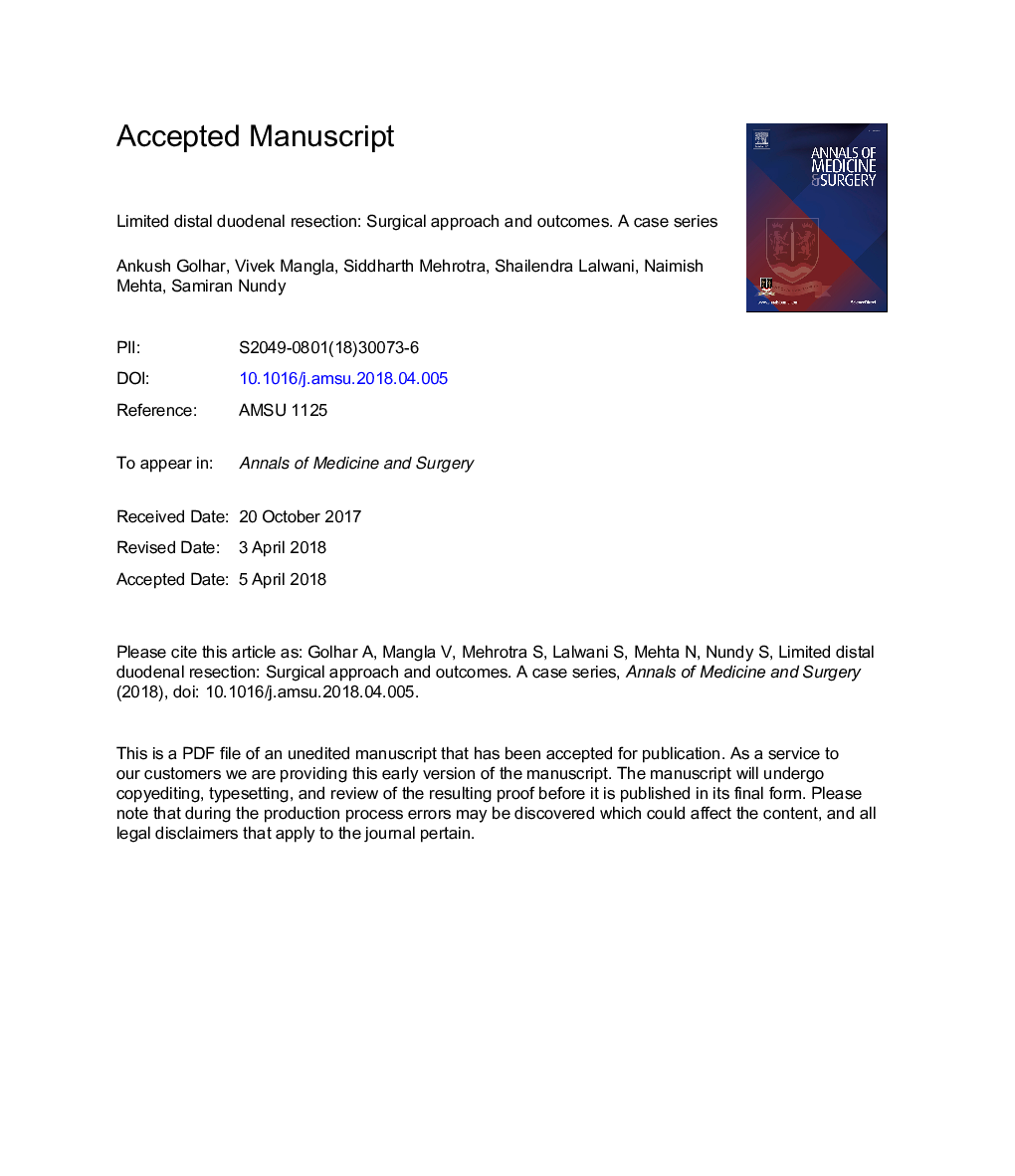 Limited distal duodenal resection: Surgical approach and outcomes. A case series