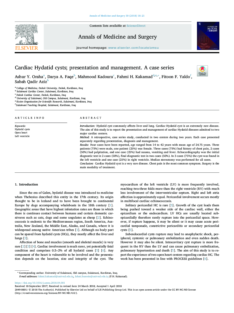 Cardiac Hydatid cysts; presentation and management. A case series