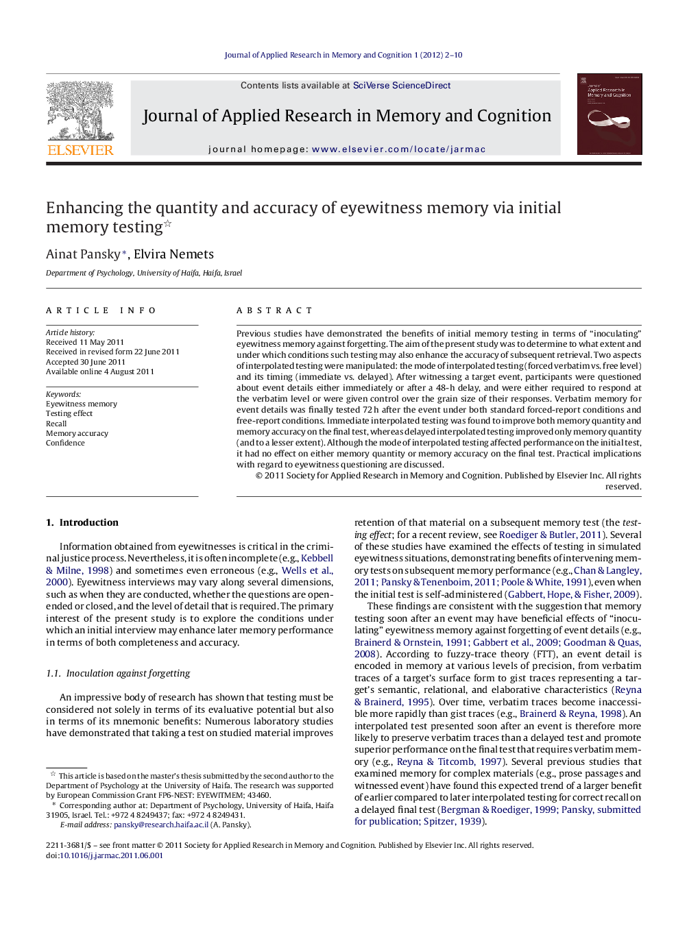 Enhancing the quantity and accuracy of eyewitness memory via initial memory testing 