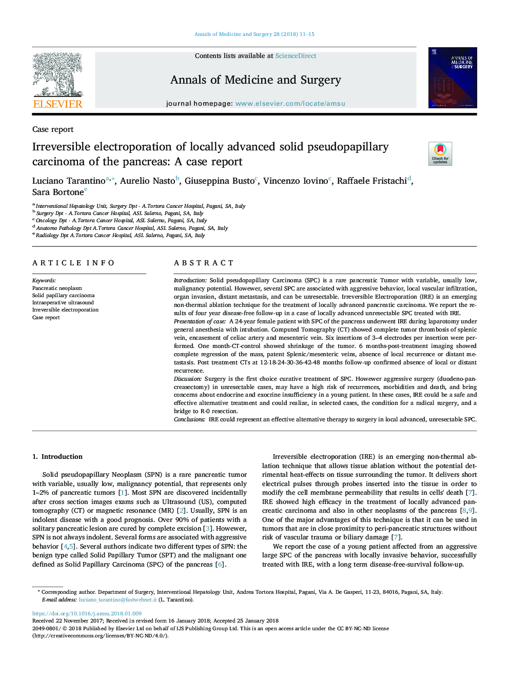 Irreversible electroporation of locally advanced solid pseudopapillary carcinoma of the pancreas: A case report