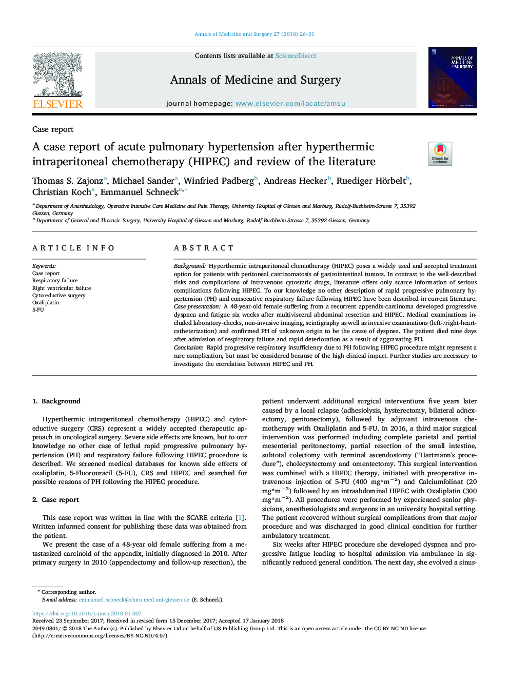 A case report of acute pulmonary hypertension after hyperthermic intraperitoneal chemotherapy (HIPEC) and review of the literature