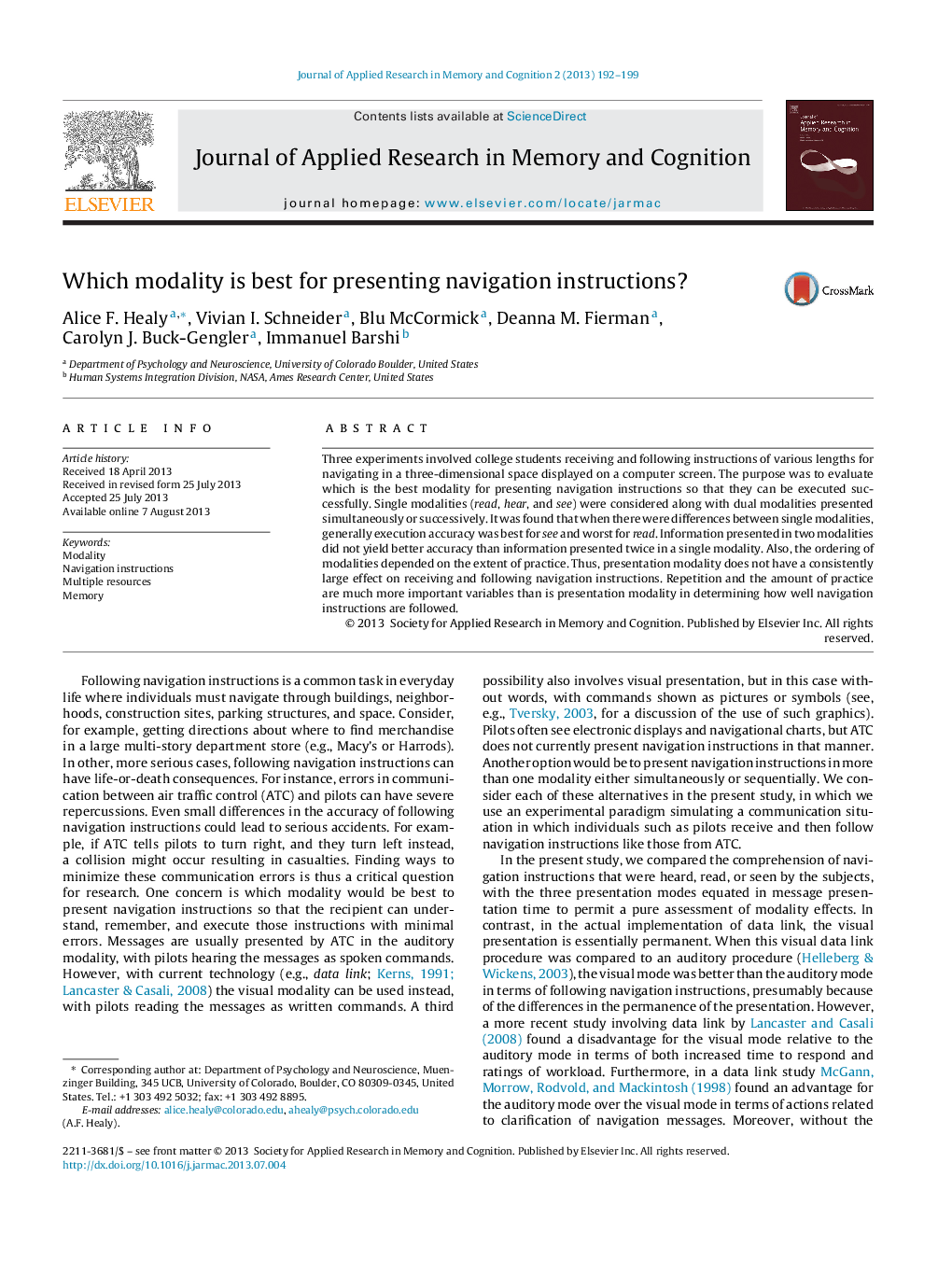 Which modality is best for presenting navigation instructions?