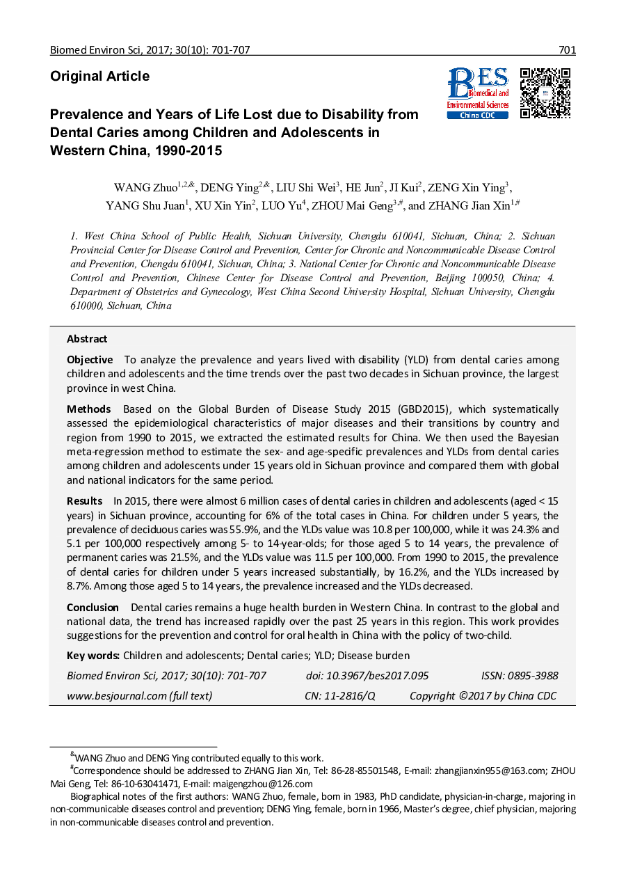 Prevalence and Years of Life Lost due to Disability from Dental Caries among Children and Adolescents in Western China, 1990-2015