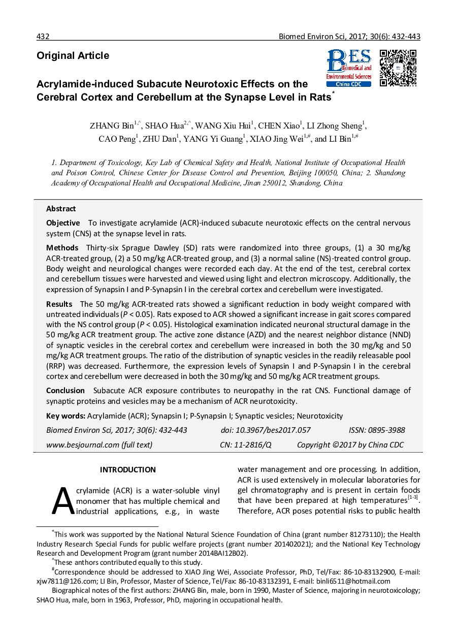 Acrylamide-induced Subacute Neurotoxic Effects on the Cerebral Cortex and Cerebellum at the Synapse Level in Rats