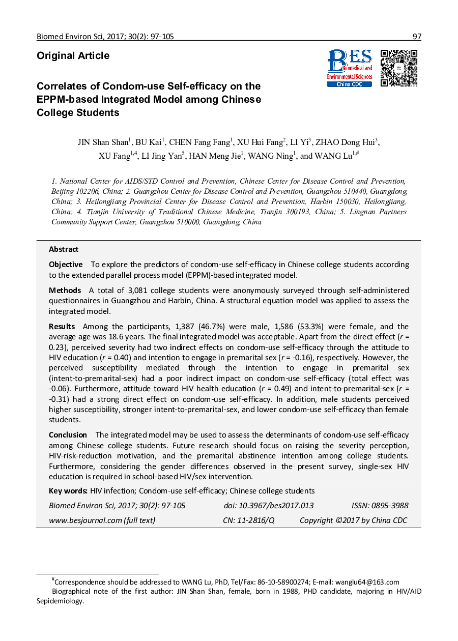 Correlates of Condom-use Self-efficacy on the EPPM-based Integrated Model among Chinese College Students