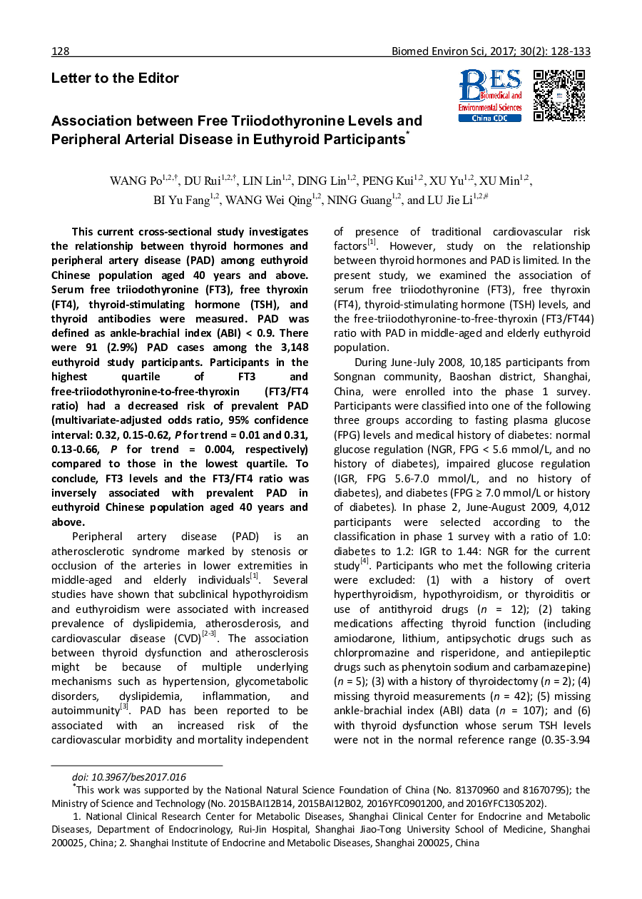 Association between Free Triiodothyronine Levels and Peripheral Arterial Disease in Euthyroid Participants