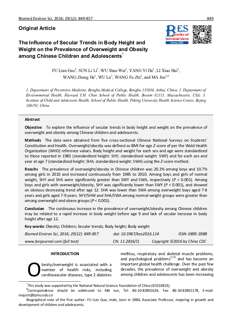 The Influence of Secular Trends in Body Height and Weight on the Prevalence of Overweight and Obesity among Chinese Children and Adolescents