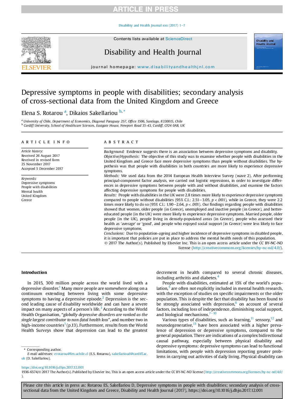 Depressive symptoms in people with disabilities; secondary analysis of cross-sectional data from the United Kingdom and Greece