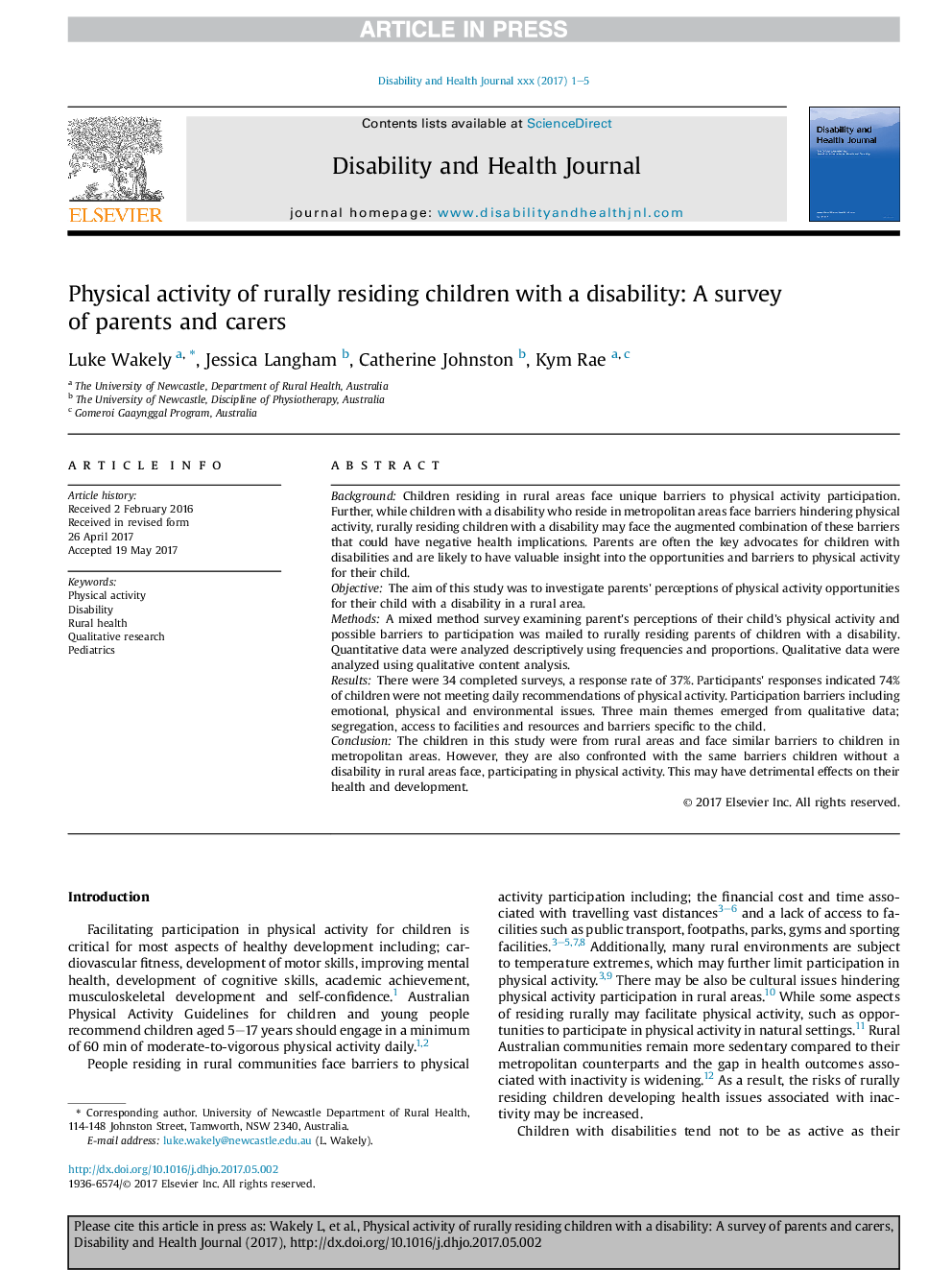 Physical activity of rurally residing children with a disability: A survey of parents and carers