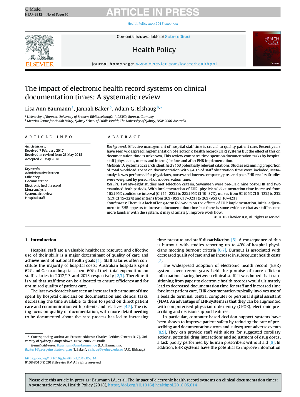 The impact of electronic health record systems on clinical documentation times: A systematic review