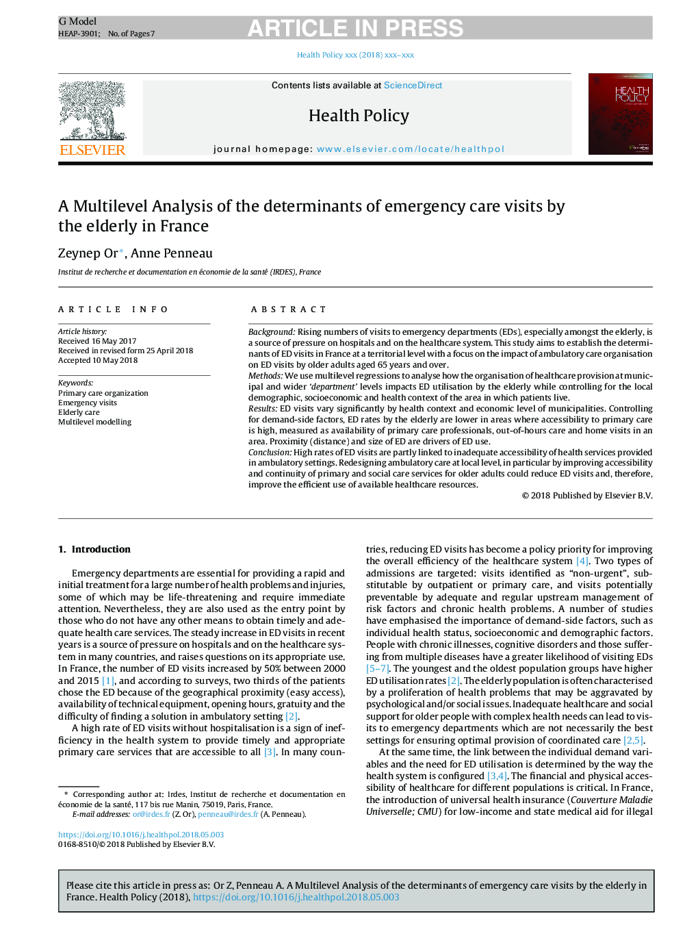 A Multilevel Analysis of the determinants of emergency care visits by the elderly in France