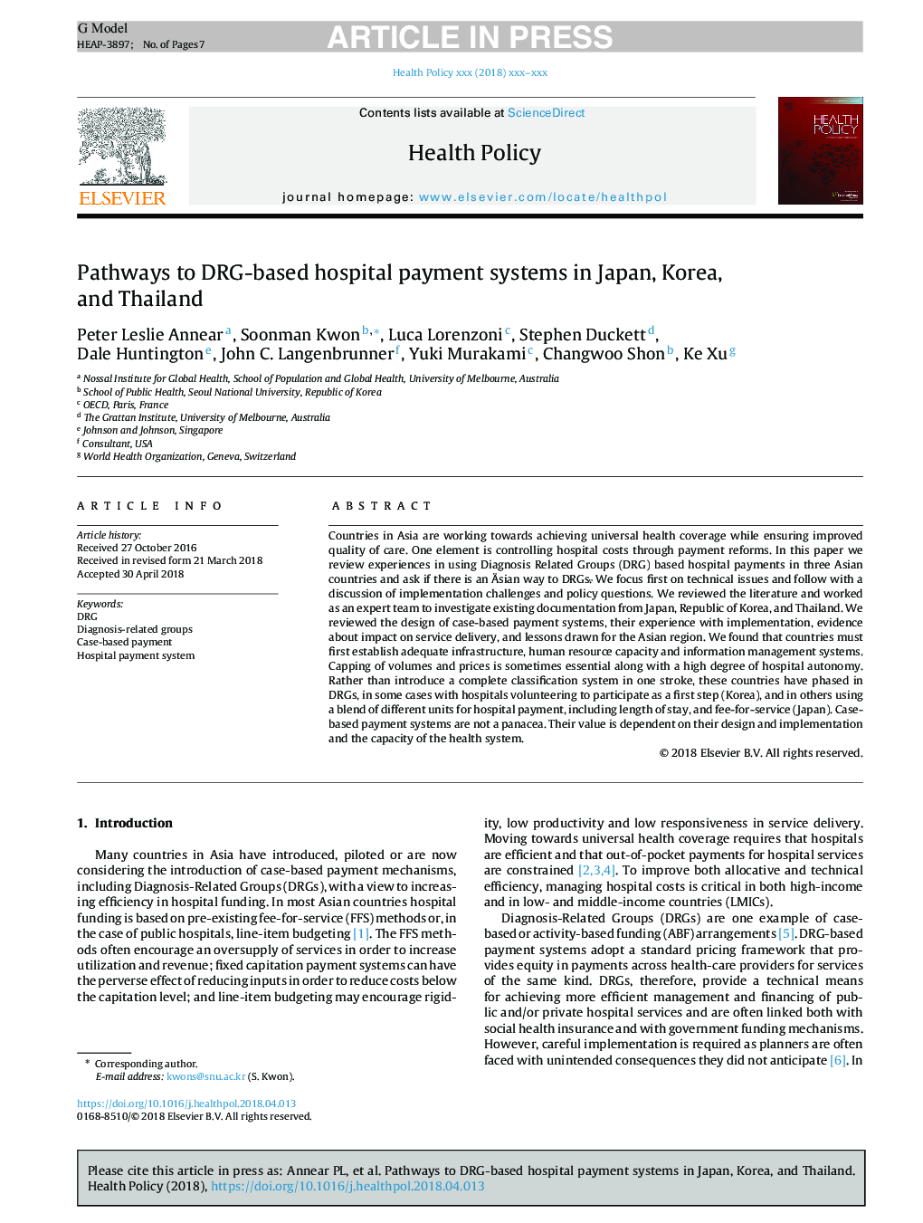 Pathways to DRG-based hospital payment systems in Japan, Korea, and Thailand