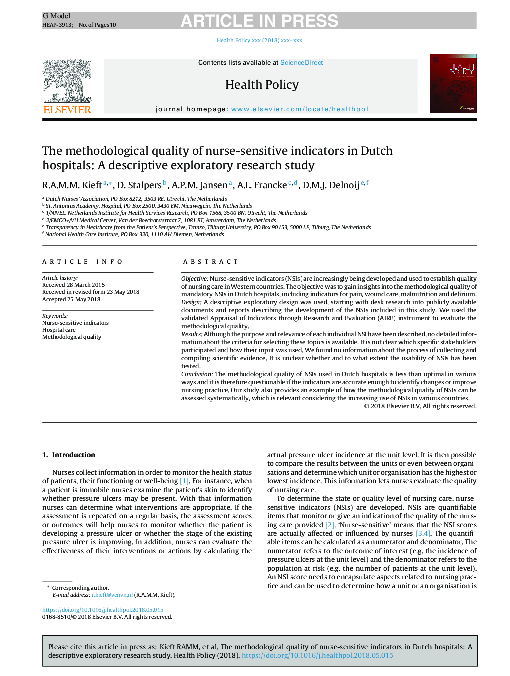 کیفیت روش شناختی شاخص های حساس پرستاری در بیمارستان های هلند: یک مطالعه توصیفی اکتشافی 