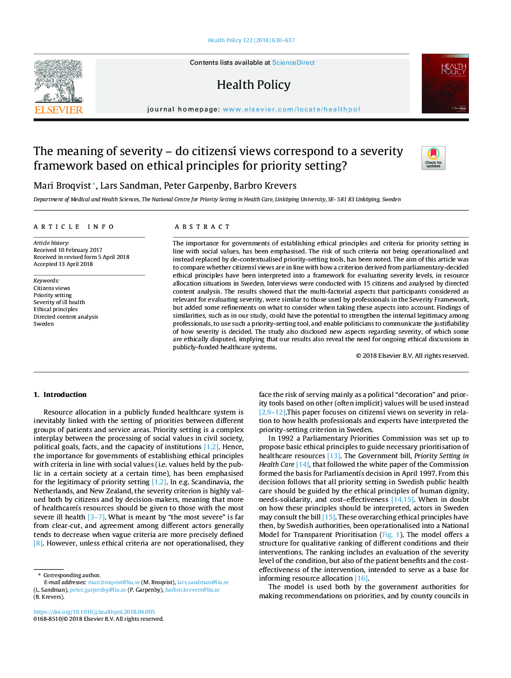 The meaning of severity - do citizenÅ views correspond to a severity framework based on ethical principles for priority setting?