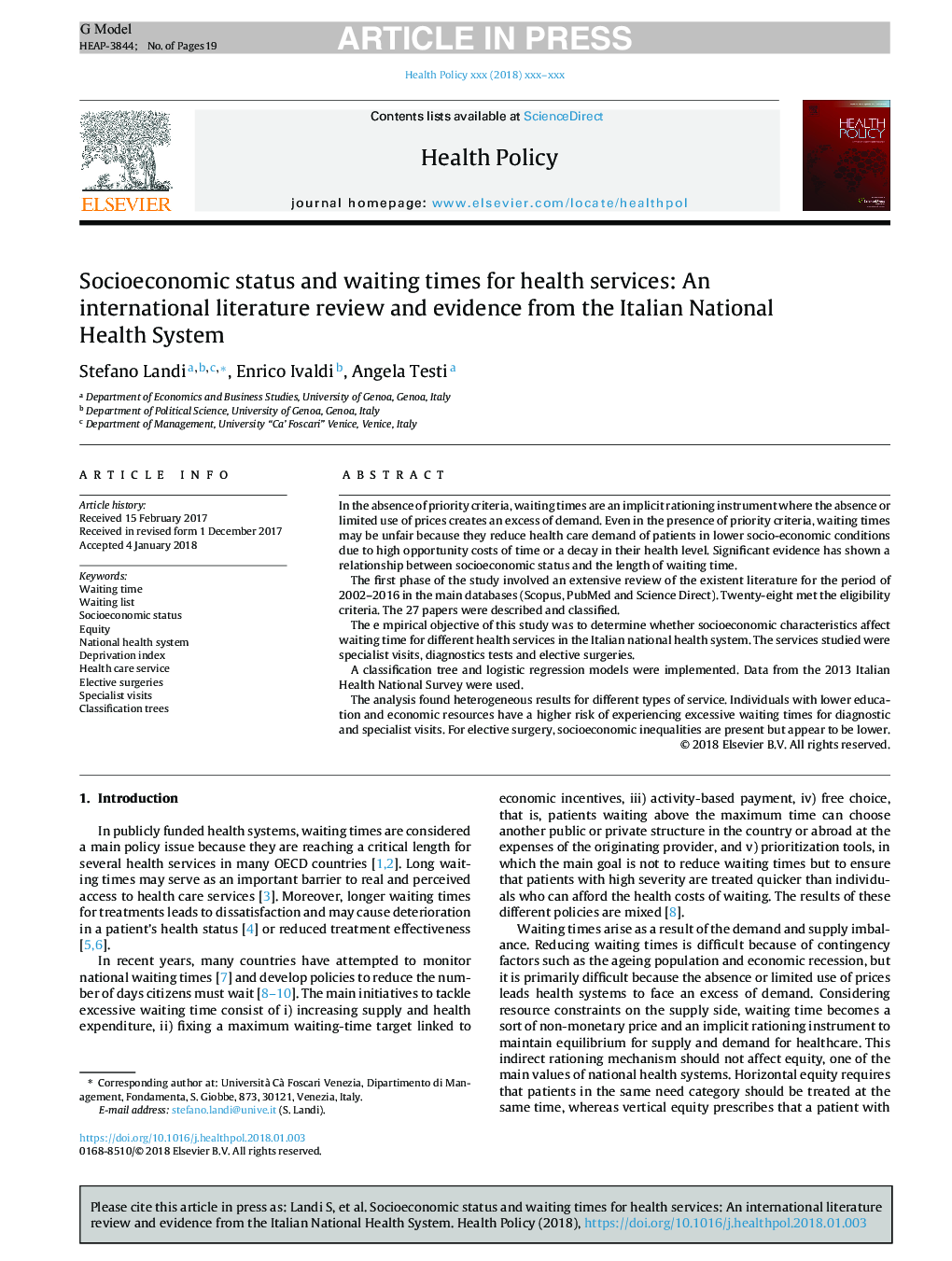 وضعیت اجتماعی و اقتصادی و زمان انتظار برای خدمات بهداشتی: یک بررسی ادبی بین المللی و شواهد از سیستم بهداشت ملی ایتالیا 