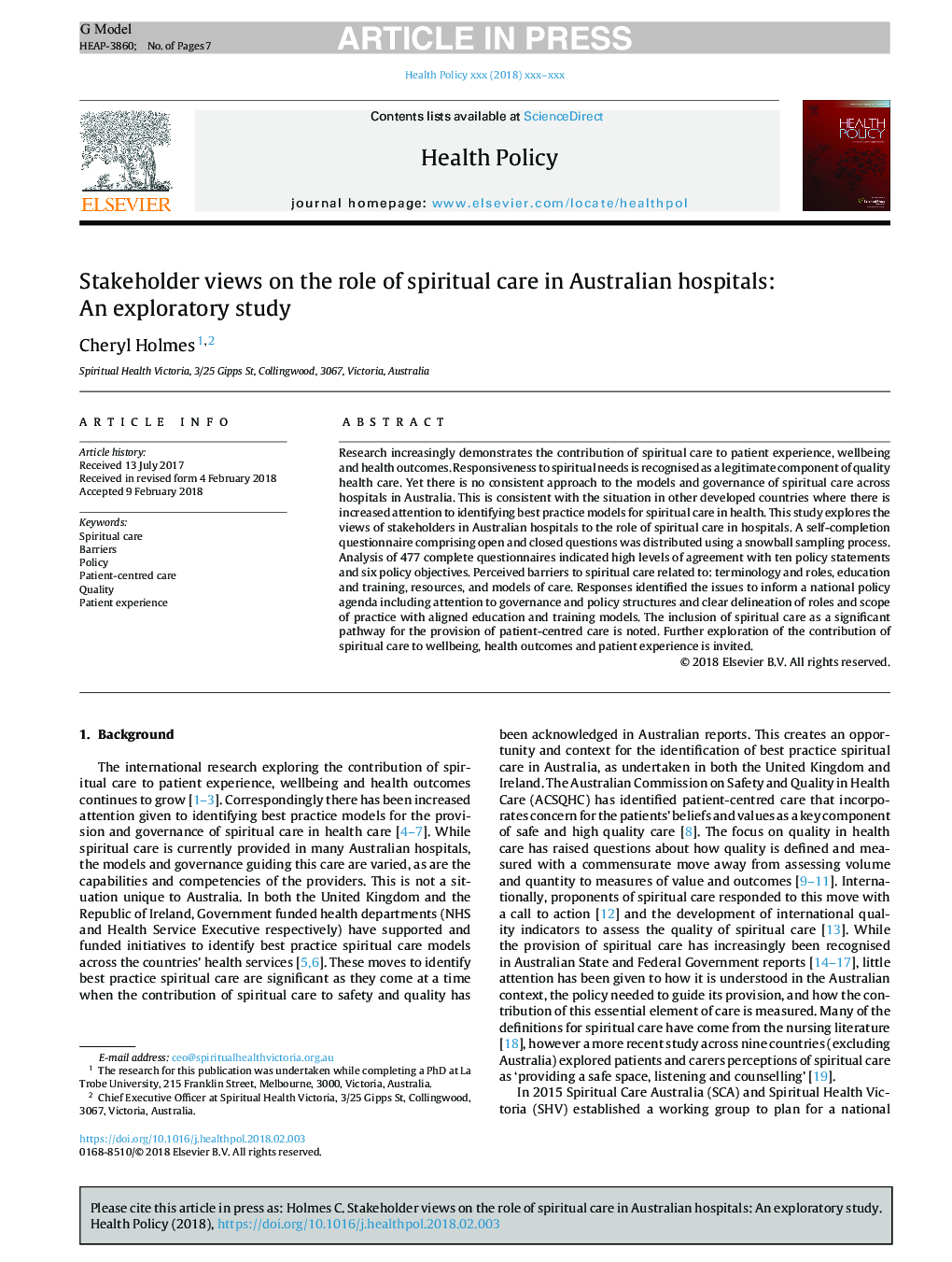 Stakeholder views on the role of spiritual care in Australian hospitals: An exploratory study