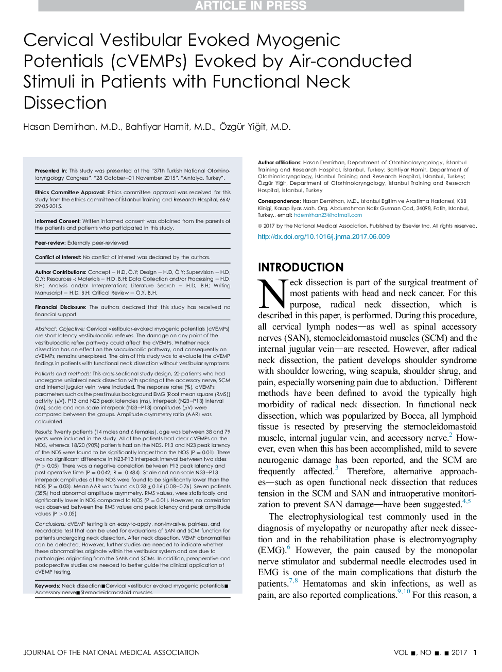 Cervical Vestibular Evoked Myogenic Potentials (cVEMPs) Evoked by Air-Conducted Stimuli in Patients with Functional Neck Dissection