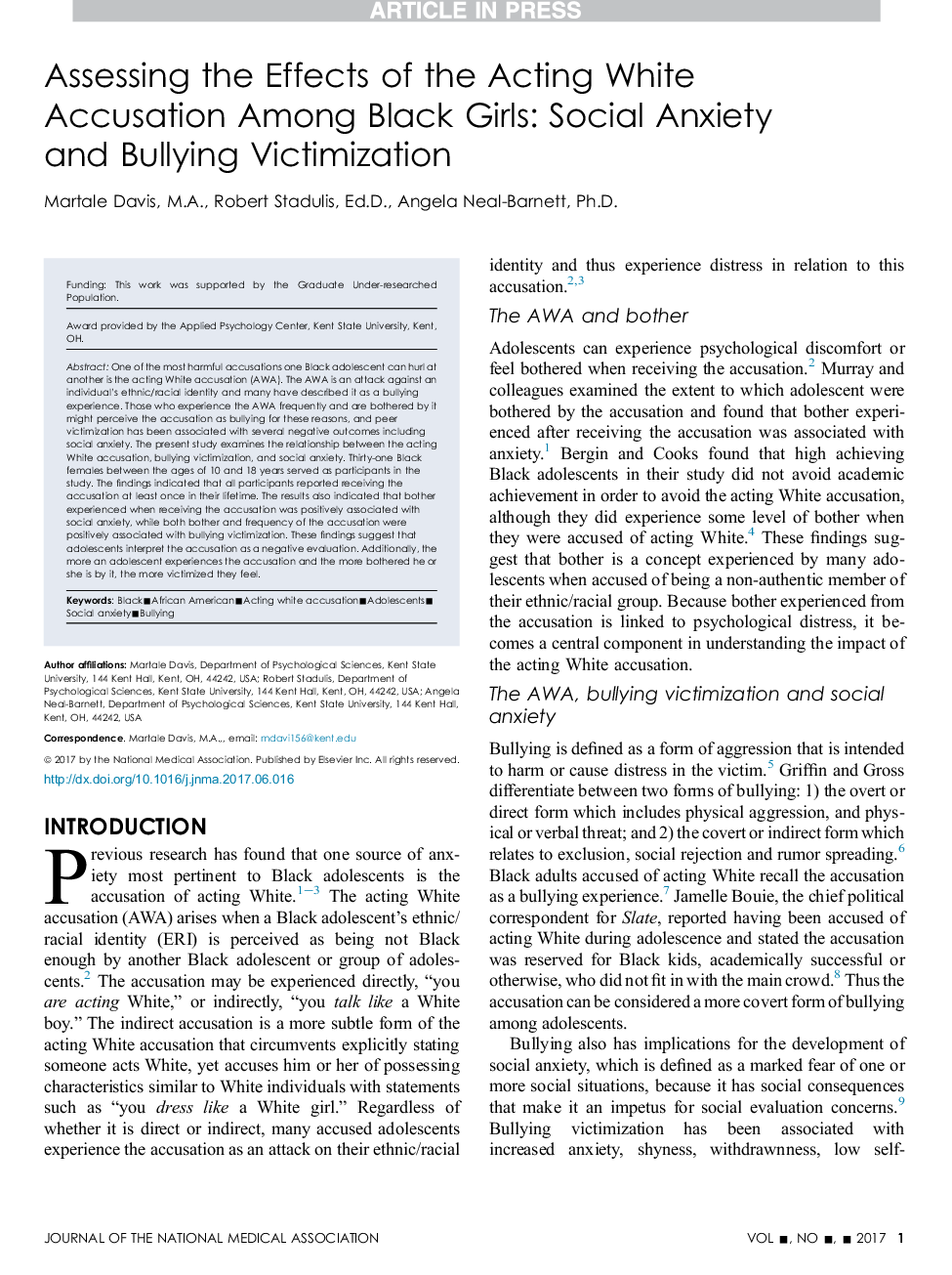 ارزیابی تأثیر آزار و اذیت سفید در میان دختران سیاه پوست: اضطراب اجتماعی و مجازات اذیت و آزار 