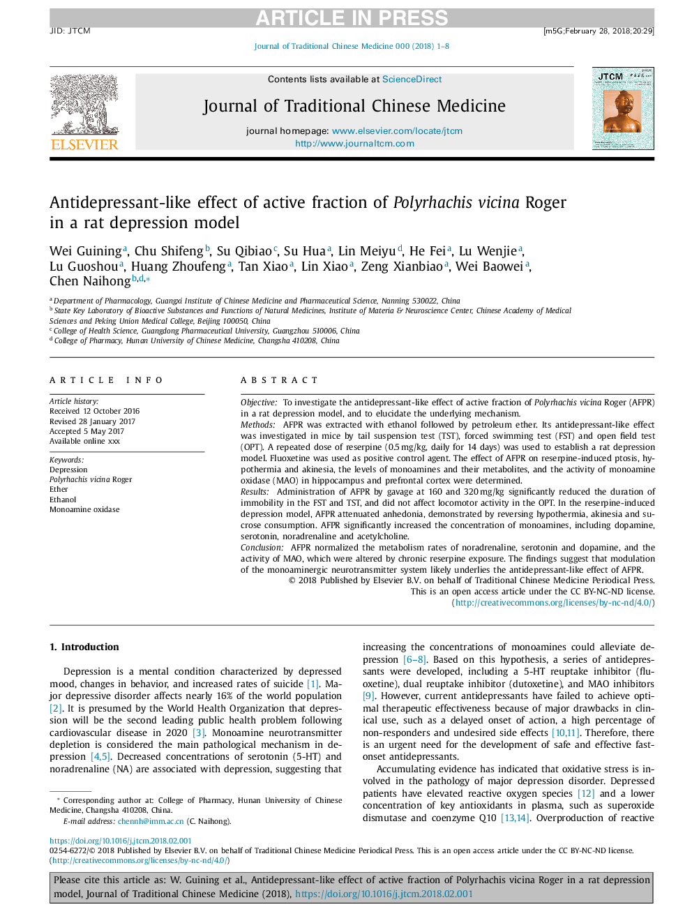 Antidepressant-like effect of active fraction of Polyrhachisvicina Roger in a rat depression model