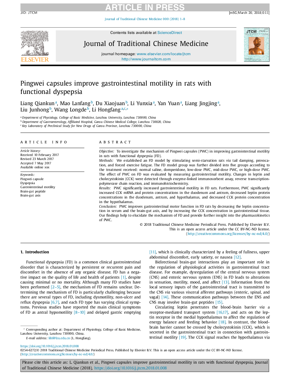 Pingwei capsules improve gastrointestinal motility in rats with functional dyspepsia