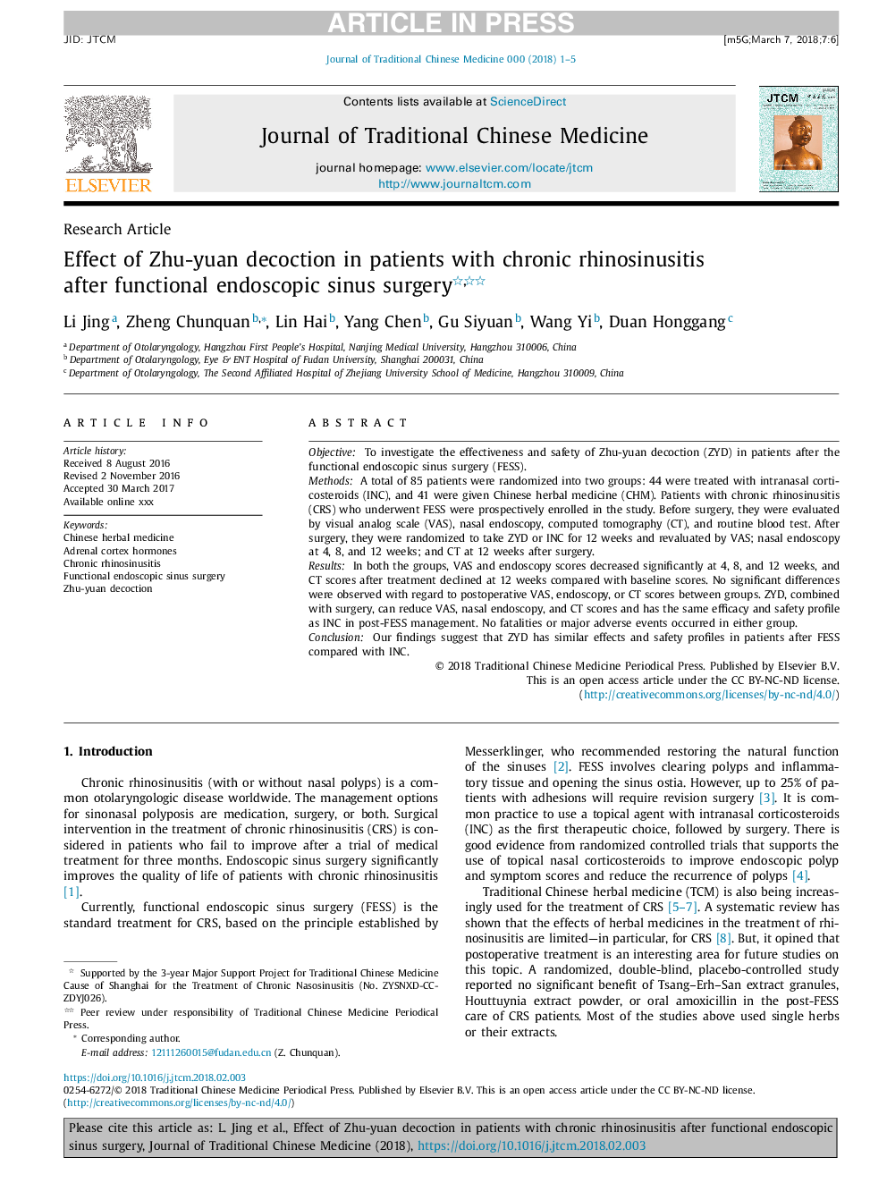 Effect of Zhu-yuan decoction in patients with chronic rhinosinusitis after functional endoscopic sinus surgery