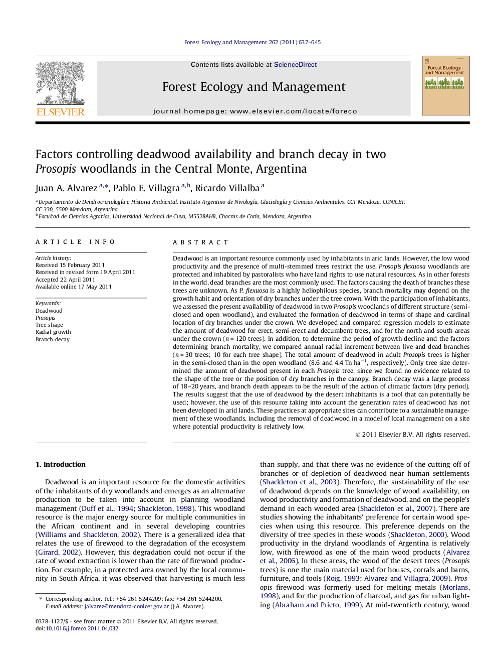 Factors controlling deadwood availability and branch decay in two Prosopis woodlands in the Central Monte, Argentina