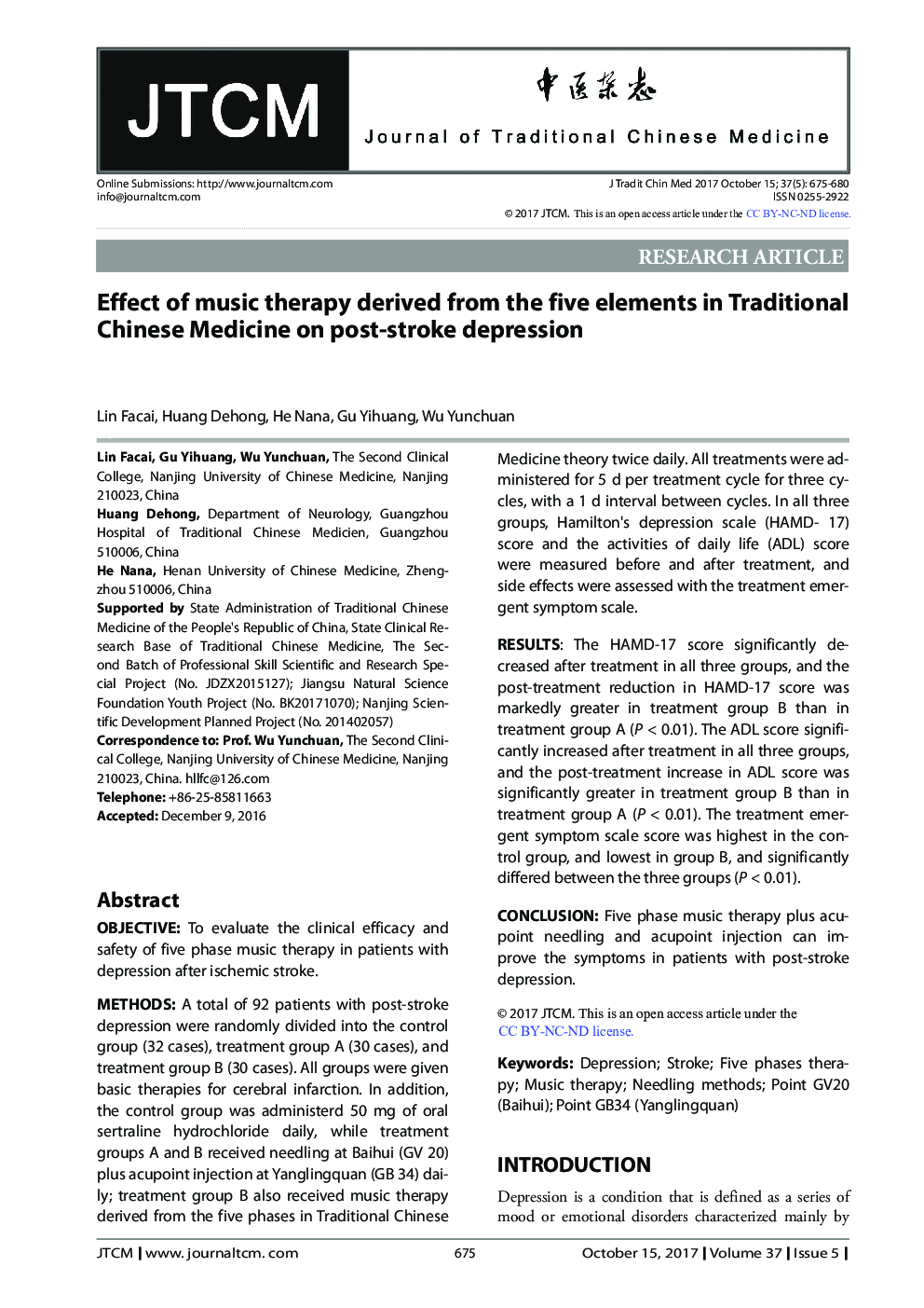 Effect of music therapy derived from the five elements in Traditional Chinese Medicine on post-stroke depression