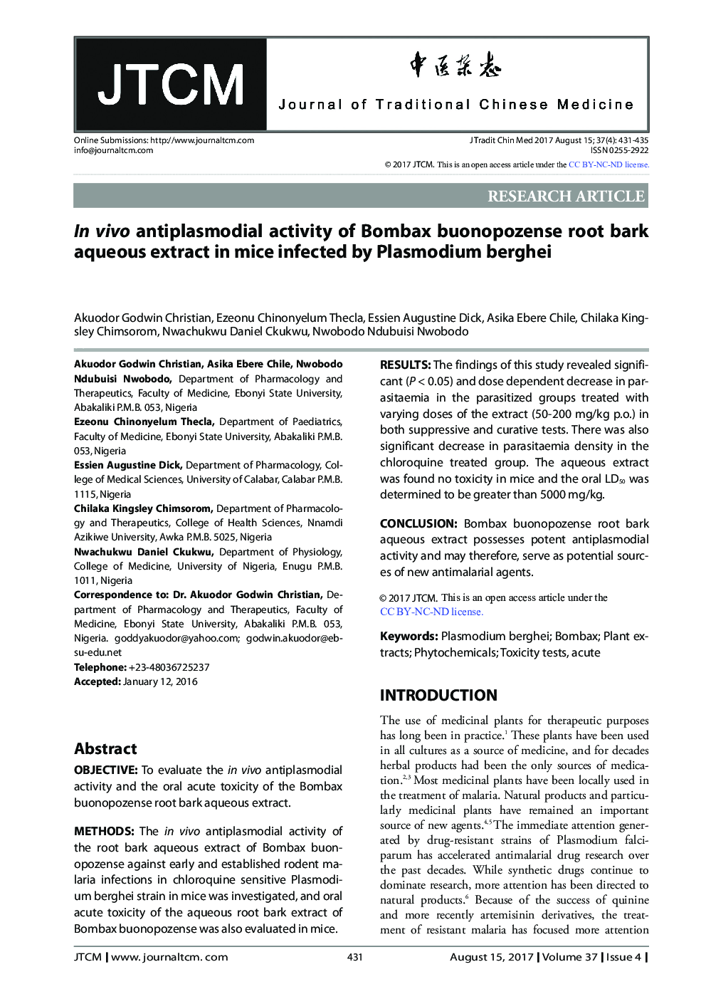 In vivo antiplasmodial activity of Bombax buonopozense root bark aqueous extract in mice infected by Plasmodium berghei