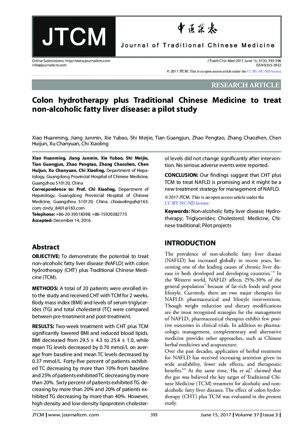 Colon hydrotherapy plus Traditional Chinese Medicine to treat non-alcoholic fatty liver disease: a pilot study