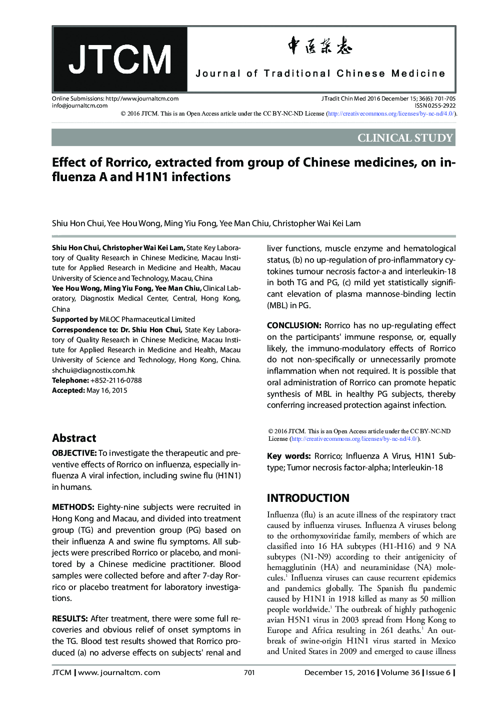 Effect of Rorrico, extracted from group of Chinese medicines, on influenza A and H1N1 infections