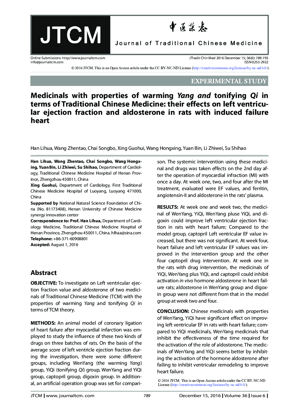 Medicinals with properties of warming Yang and tonifying Qi in terms of Traditional Chinese Medicine: their effects on left ventricular ejection fraction and aldosterone in rats with induced failure heart