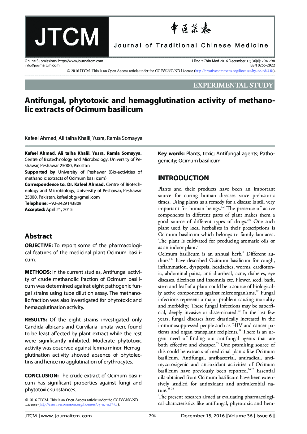 Antifungal, phytotoxic and hemagglutination activity of methanolic extracts of Ocimum basilicum